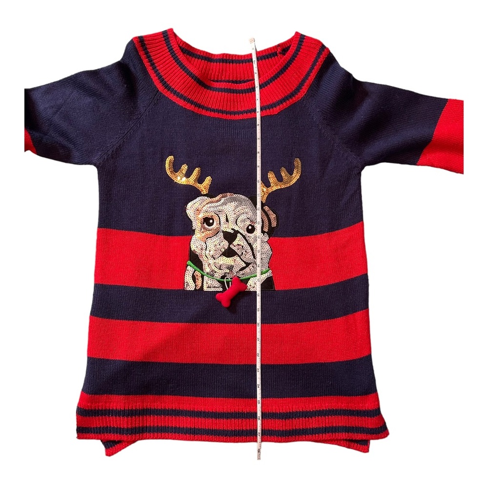 Holiday Time Sequin Bulldog Christmas Sweater - Size M, Blue/Red Multi - Picture 9 of 10